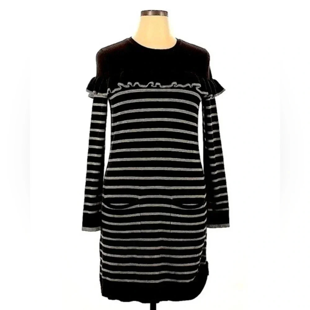 Jessica Howard Chic Classic Grey Striped Ruffle Long Sleeve Sweater Dress XL